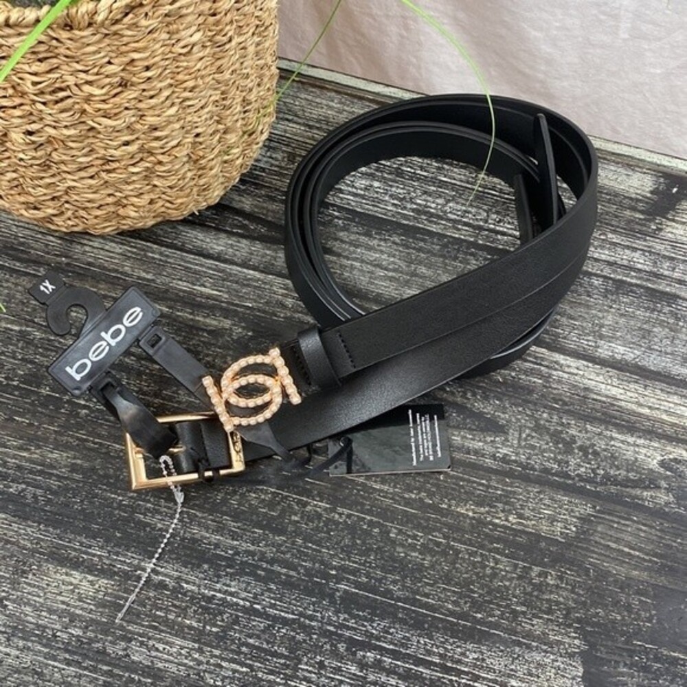 BEBE Set of 2 Black Faux Leather Rhinestone Trim Belts 1X NEW